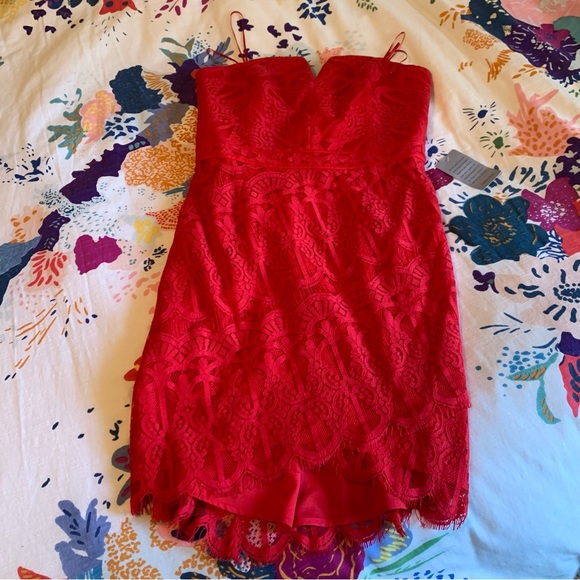 Adelyn Rae red strapless high low lace dress - Picture 3 of 11